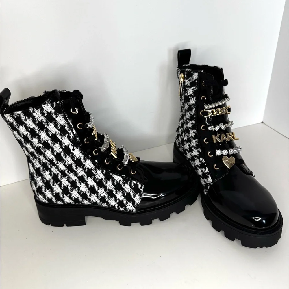 New Karl Lagerfeld Mela Tweed Black/White Combat Boots - Picture 8 of 12